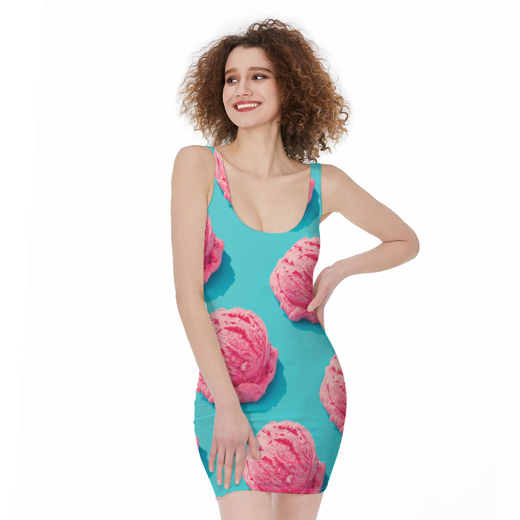 Pink Strawberry Ice Cream Print Sleeveless Bodycon Dress