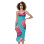 Pink Strawberry Ice Cream Print Slim Fit Midi Cami Dress