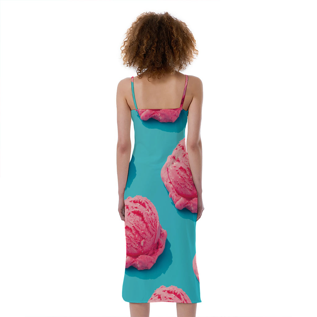 Pink Strawberry Ice Cream Print Slim Fit Midi Cami Dress