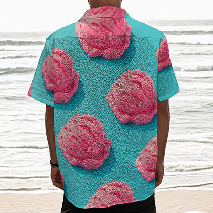 Pink Strawberry Ice Cream Print Textured Short Sleeve Shirt