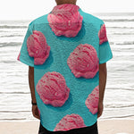 Pink Strawberry Ice Cream Print Textured Short Sleeve Shirt