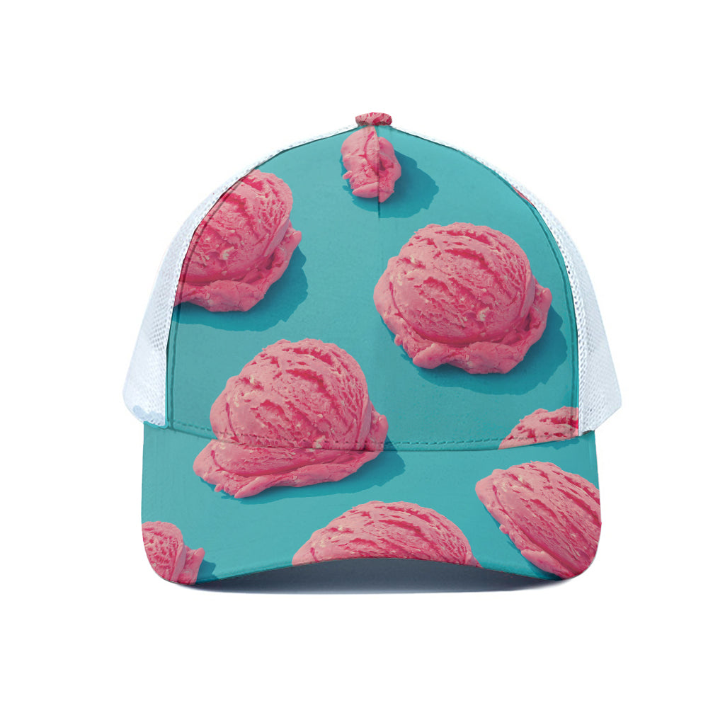 Pink Strawberry Ice Cream Print White Mesh Trucker Cap