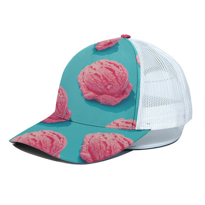Pink Strawberry Ice Cream Print White Mesh Trucker Cap