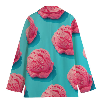 Pink Strawberry Ice Cream Print Women's Blazer