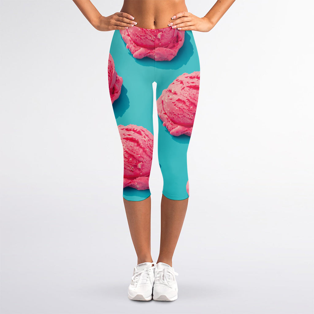 Pink Strawberry Ice Cream Print Women's Capri Leggings