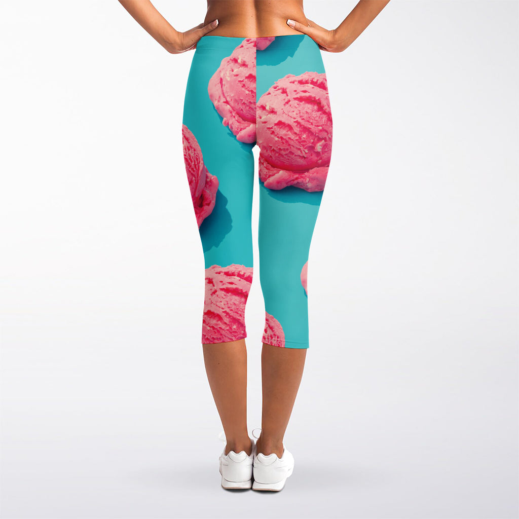 Pink Strawberry Ice Cream Print Women's Capri Leggings
