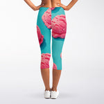 Pink Strawberry Ice Cream Print Women's Capri Leggings