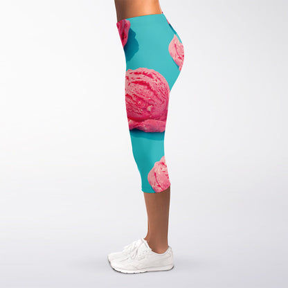 Pink Strawberry Ice Cream Print Women's Capri Leggings
