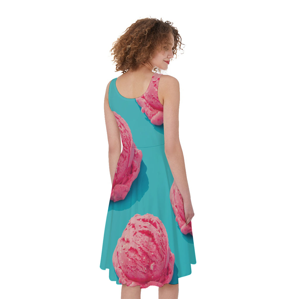 Pink Strawberry Ice Cream Print Women's Sleeveless Dress