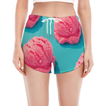 Pink Strawberry Ice Cream Print Women's Split Running Shorts