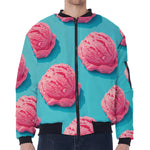 Pink Strawberry Ice Cream Print Zip Sleeve Bomber Jacket
