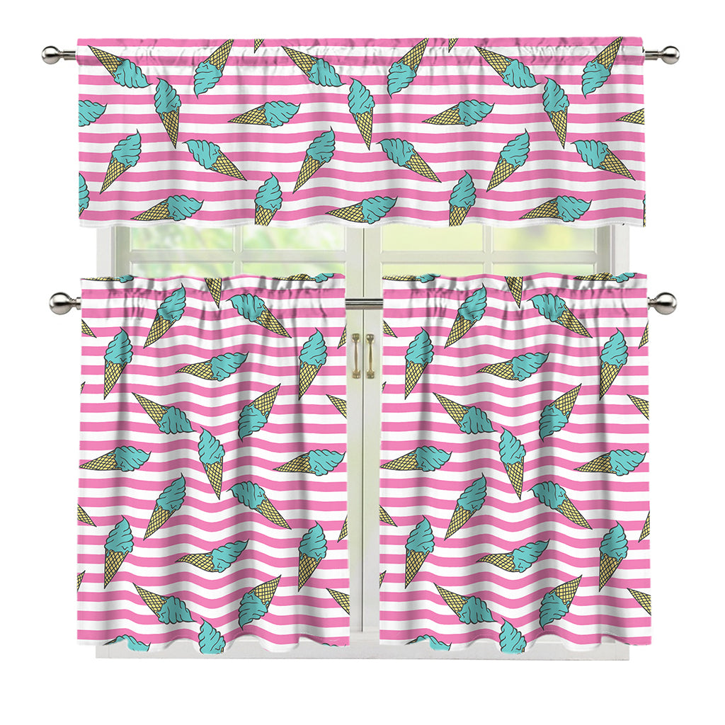 Pink Striped Ice Cream Pattern Print 3 Piece Kitchen Curtains