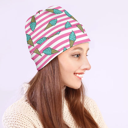 Pink Striped Ice Cream Pattern Print Beanie