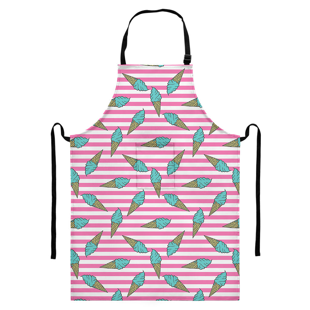 Pink Striped Ice Cream Pattern Print Bib Apron With Pocket