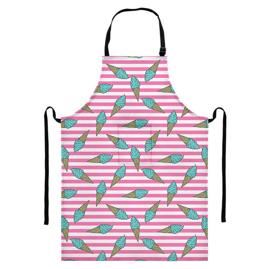 Pink Striped Ice Cream Pattern Print Bib Apron With Pocket