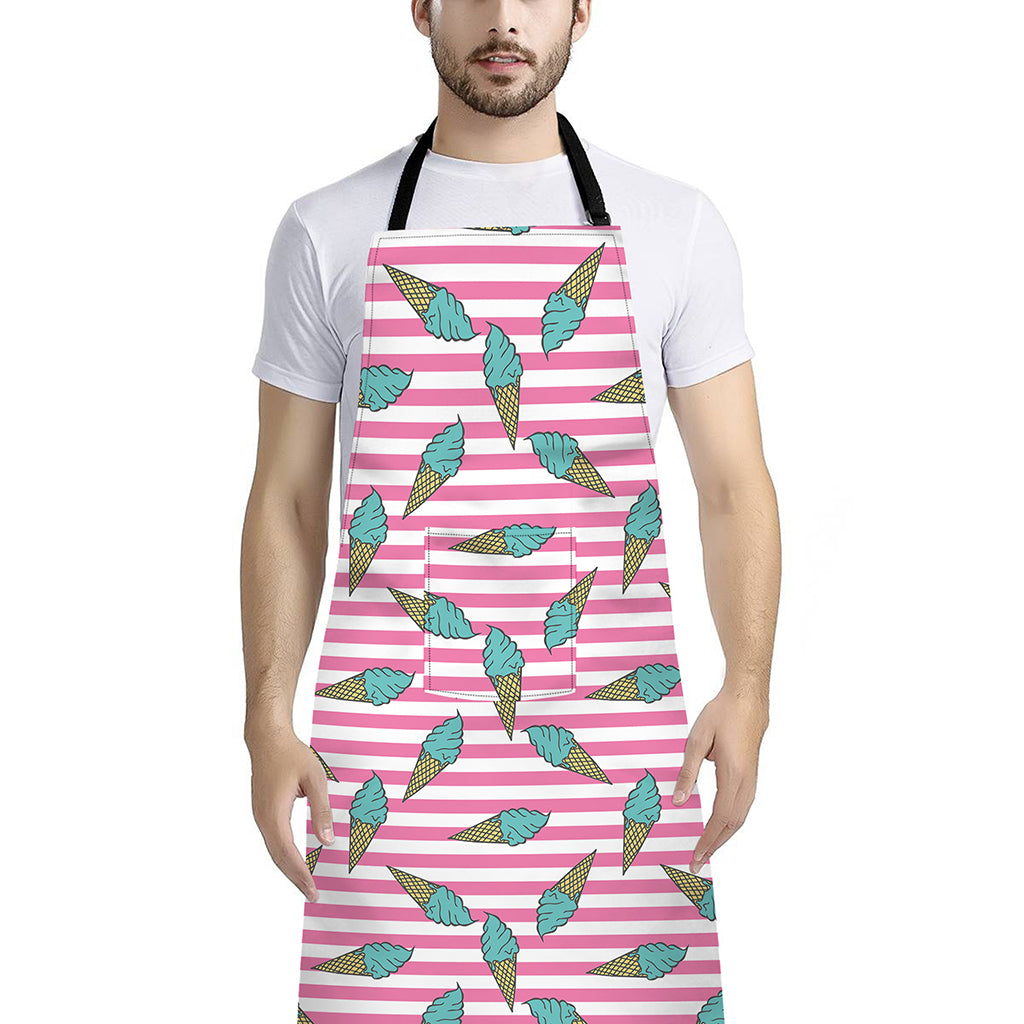 Pink Striped Ice Cream Pattern Print Bib Apron With Pocket