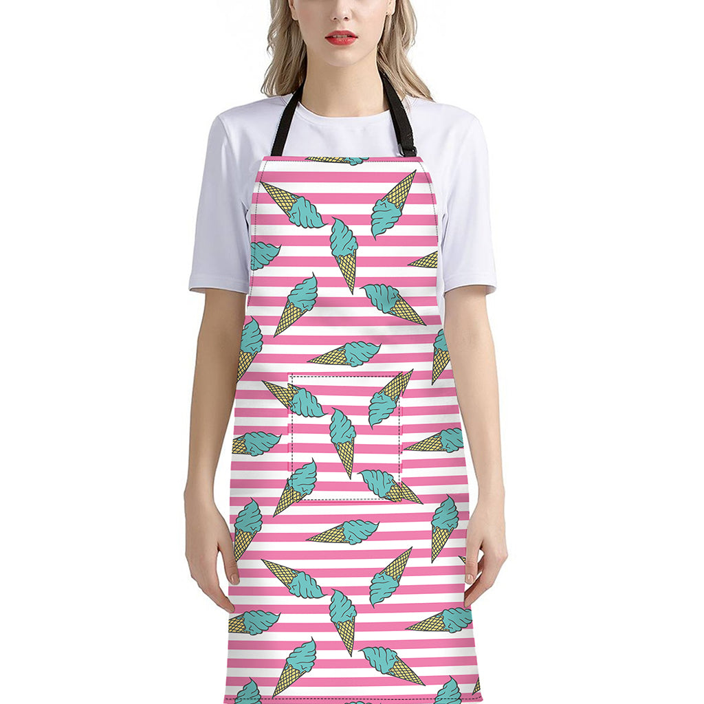 Pink Striped Ice Cream Pattern Print Bib Apron With Pocket