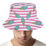 Pink Striped Ice Cream Pattern Print Bucket Hat