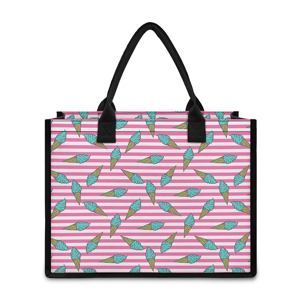 Pink Striped Ice Cream Pattern Print Canvas Tote Bag