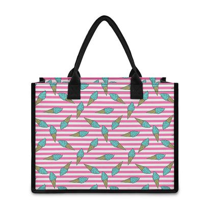 Pink Striped Ice Cream Pattern Print Canvas Tote Bag
