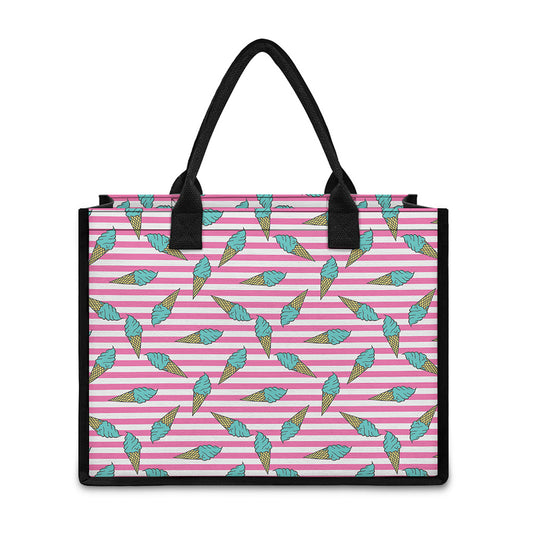 Pink Striped Ice Cream Pattern Print Canvas Tote Bag