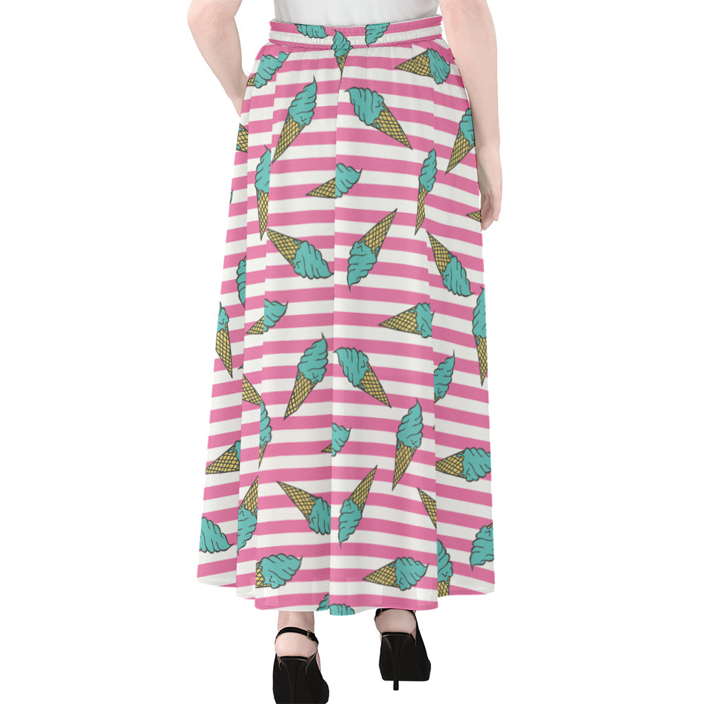 Pink Striped Ice Cream Pattern Print Chiffon Maxi Skirt