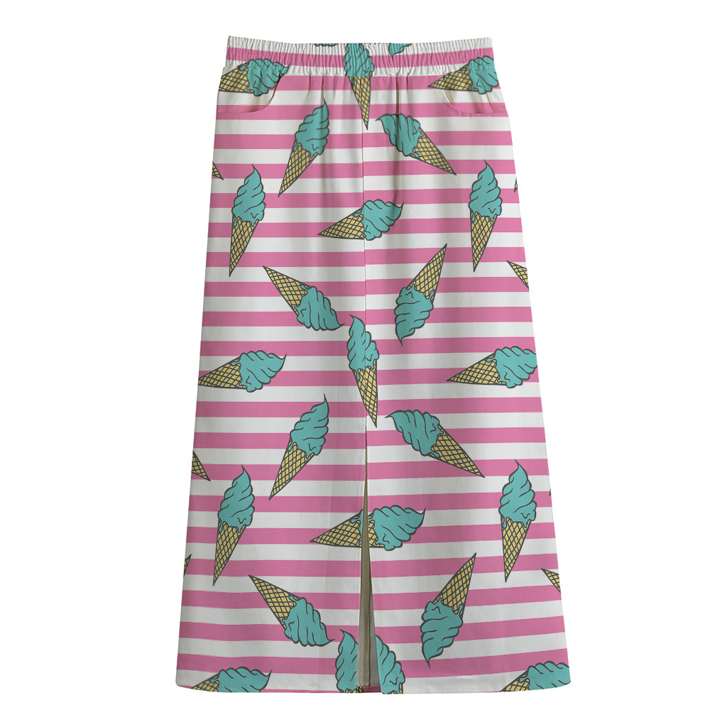 Pink Striped Ice Cream Pattern Print Cotton Front Slit Maxi Skirt