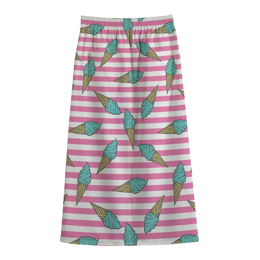 Pink Striped Ice Cream Pattern Print Cotton Front Slit Maxi Skirt