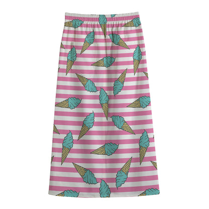 Pink Striped Ice Cream Pattern Print Cotton Front Slit Maxi Skirt