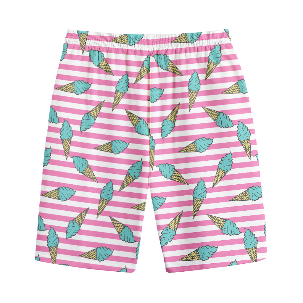 Pink Striped Ice Cream Pattern Print Cotton Shorts