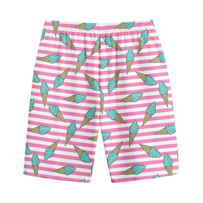 Pink Striped Ice Cream Pattern Print Cotton Shorts