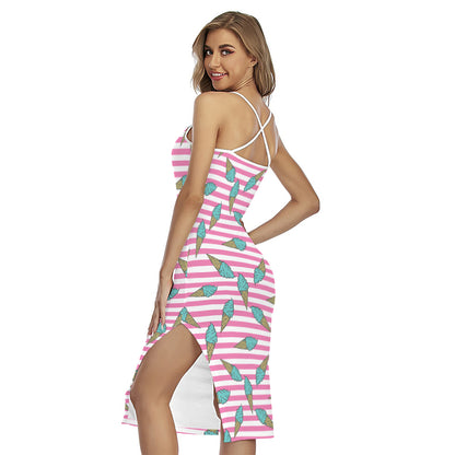 Pink Striped Ice Cream Pattern Print Cross Back Cami Dress