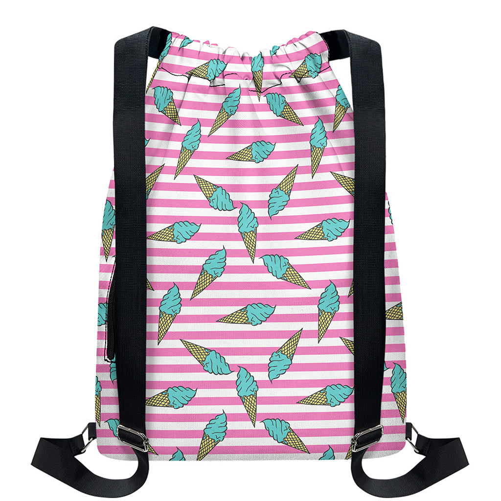 Pink Striped Ice Cream Pattern Print Drawstring Backpack