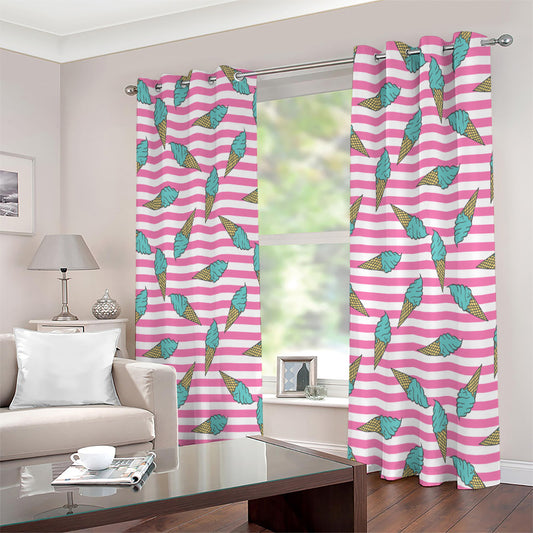 Pink Striped Ice Cream Pattern Print Extra Wide Grommet Curtains