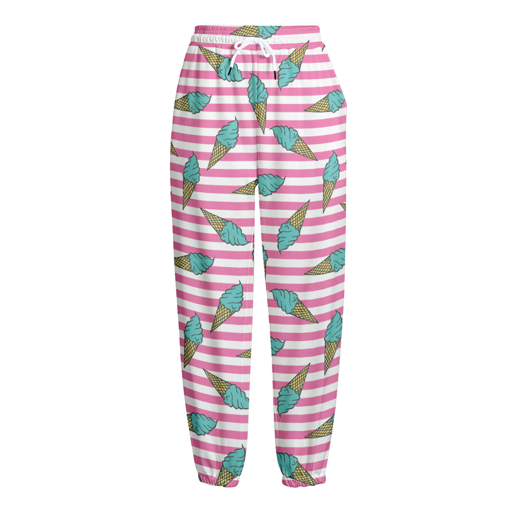 Pink Striped Ice Cream Pattern Print Fleece Lined Knit Pants