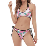 Pink Striped Ice Cream Pattern Print Halter Scoop Tie Side Bikini