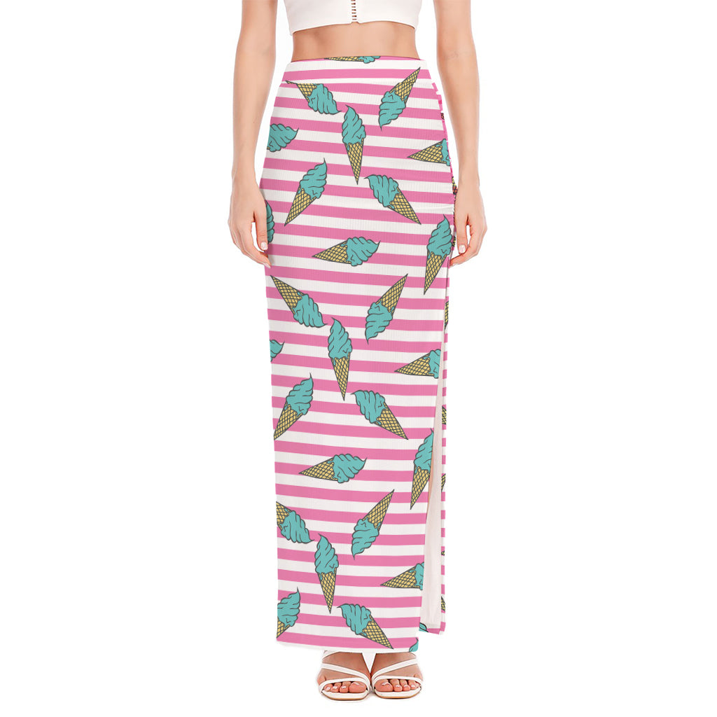Pink Striped Ice Cream Pattern Print High Slit Maxi Skirt