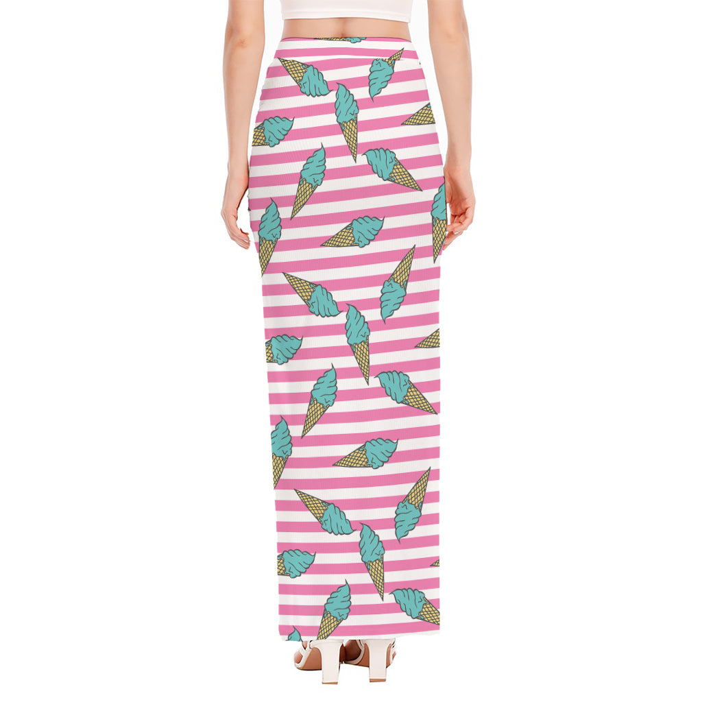 Pink Striped Ice Cream Pattern Print High Slit Maxi Skirt