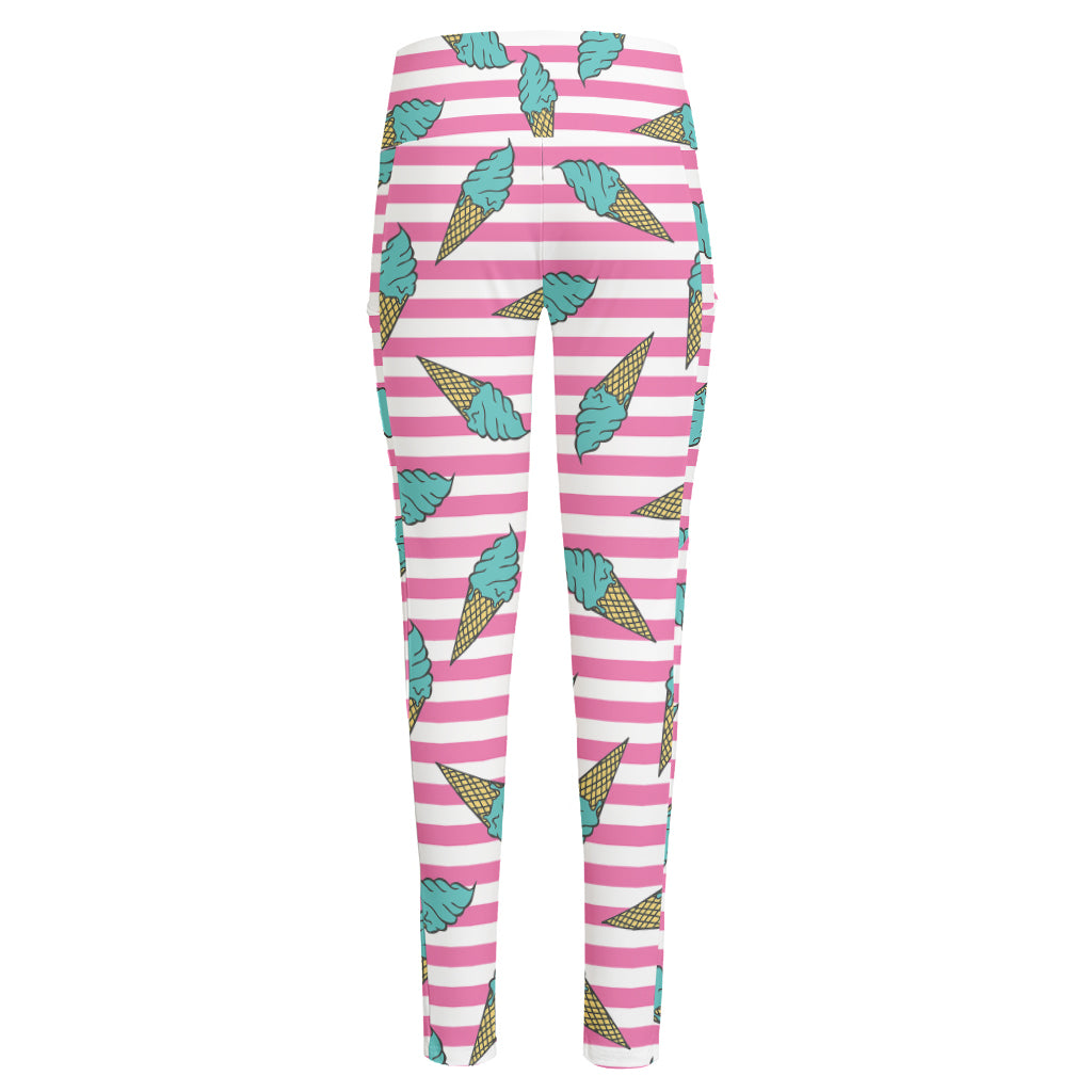 Pink Striped Ice Cream Pattern Print High-Waisted Pocket Leggings