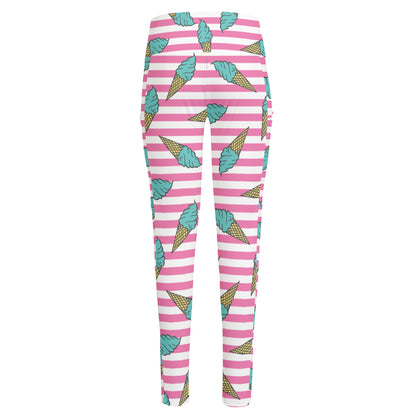 Pink Striped Ice Cream Pattern Print High-Waisted Pocket Leggings