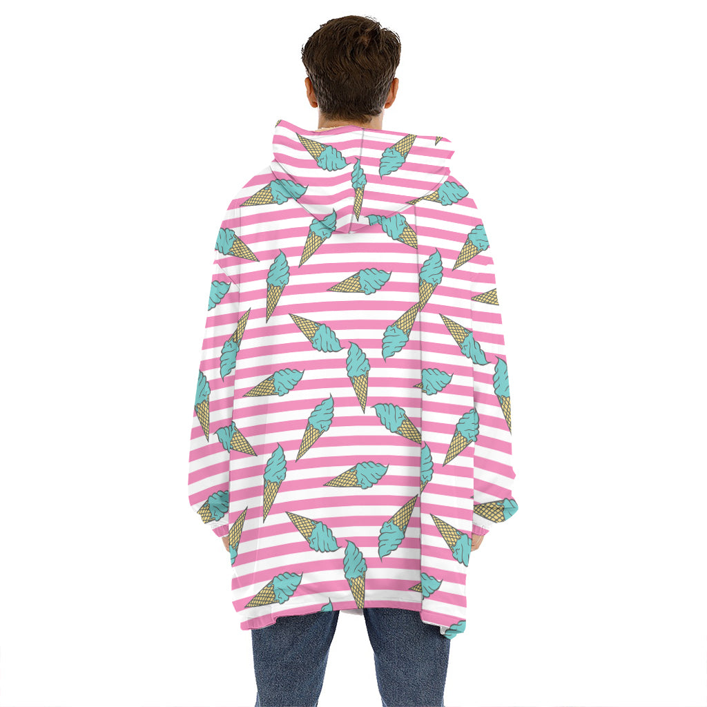 Pink Striped Ice Cream Pattern Print Hoodie Blanket