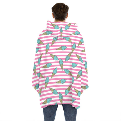 Pink Striped Ice Cream Pattern Print Hoodie Blanket