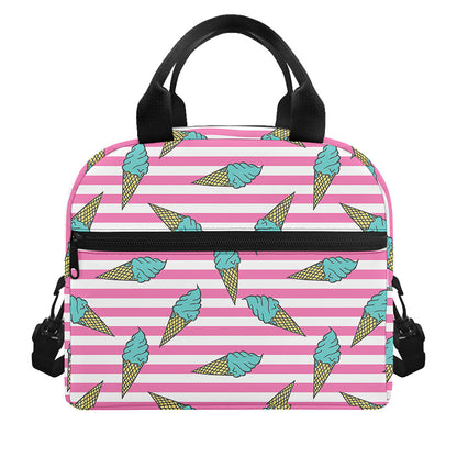 Pink Striped Ice Cream Pattern Print Insulated Lunch Bag