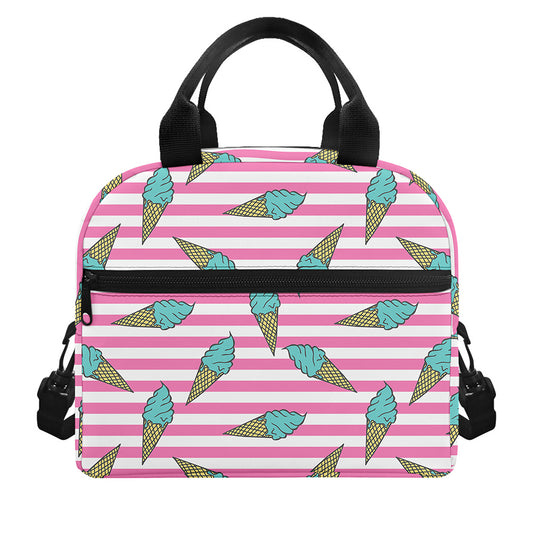 Pink Striped Ice Cream Pattern Print Insulated Lunch Bag