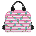 Pink Striped Ice Cream Pattern Print Insulated Lunch Bag