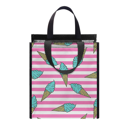 Pink Striped Ice Cream Pattern Print Insulated Lunch Tote