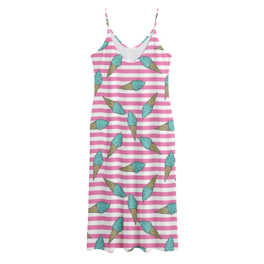 Pink Striped Ice Cream Pattern Print Jersey Midi Cami Dress