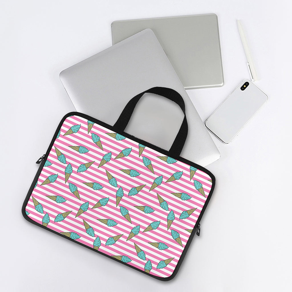 Pink Striped Ice Cream Pattern Print Laptop Sleeve With Handle