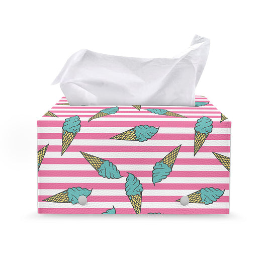 Pink Striped Ice Cream Pattern Print Leather Tissue Box Cover