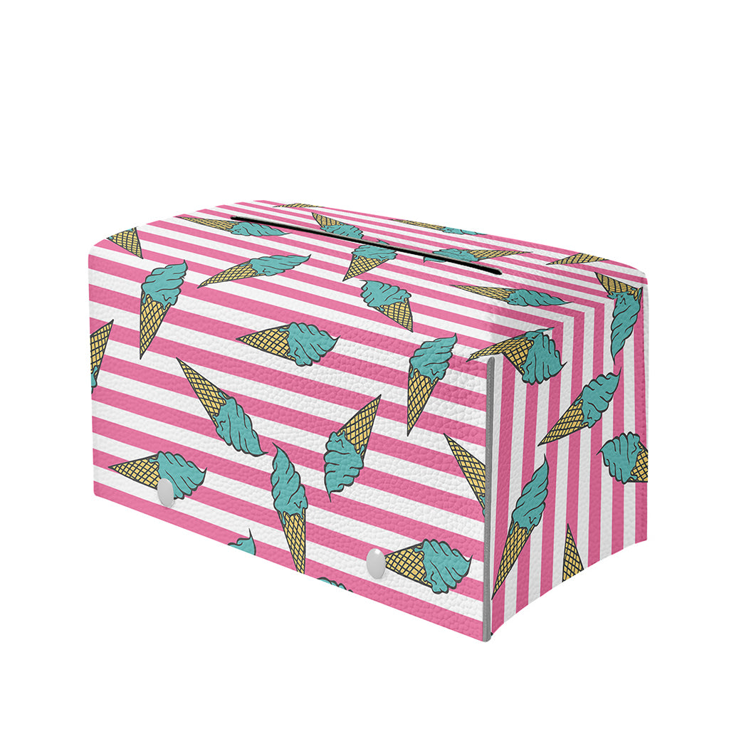 Pink Striped Ice Cream Pattern Print Leather Tissue Box Cover